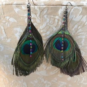 Feather earrings with multi-colorful stones strand